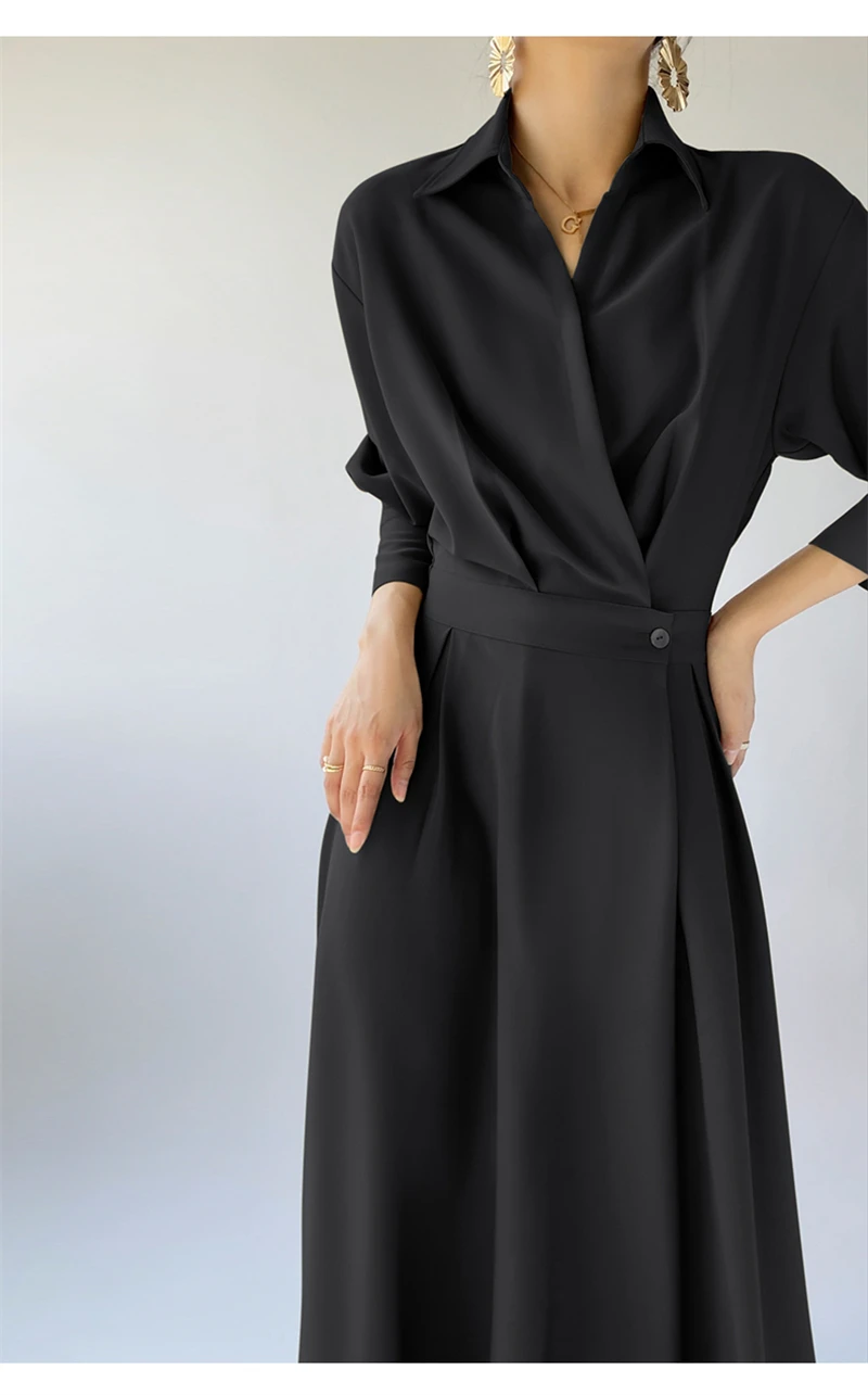 LMQ NEW French Design Temperament Lapel Neck Luxury High-End Dress Women Elegant fashion Commuter Long Skirt OL Vestidos Robe