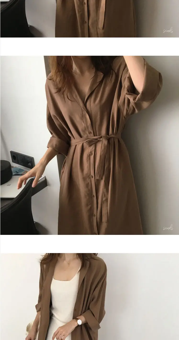 Shirt Dress For Women Harajuku Aesthetic Vintage Clothes Woman Korean Fashion Maxi Robe Casual Dresses Long Brownblack