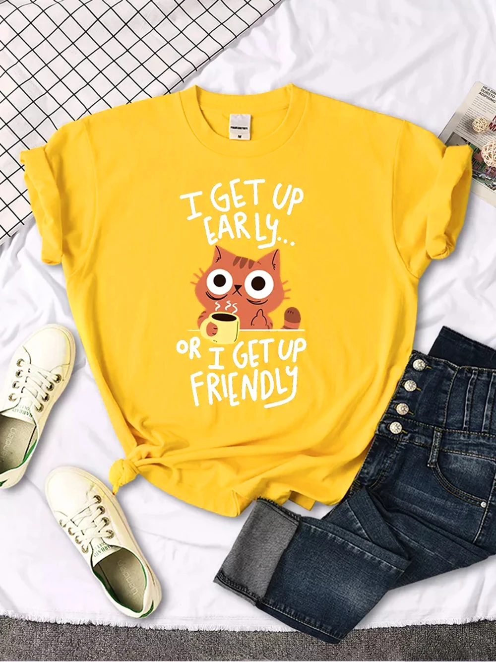 I Get Up Are Lazy Cute Cat Women T-shirts Leisure Tops Breathable T Shirts Retro Breathable Streetwear Summer Female Tee Shirts