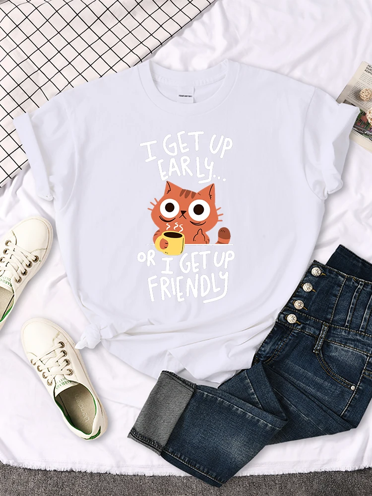 I Get Up Are Lazy Cute Cat Women T-shirts Leisure Tops Breathable T Shirts Retro Breathable Streetwear Summer Female Tee Shirts