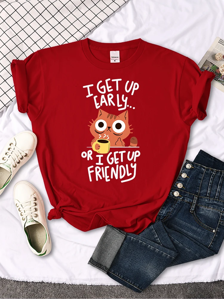 I Get Up Are Lazy Cute Cat Women T-shirts Leisure Tops Breathable T Shirts Retro Breathable Streetwear Summer Female Tee Shirts
