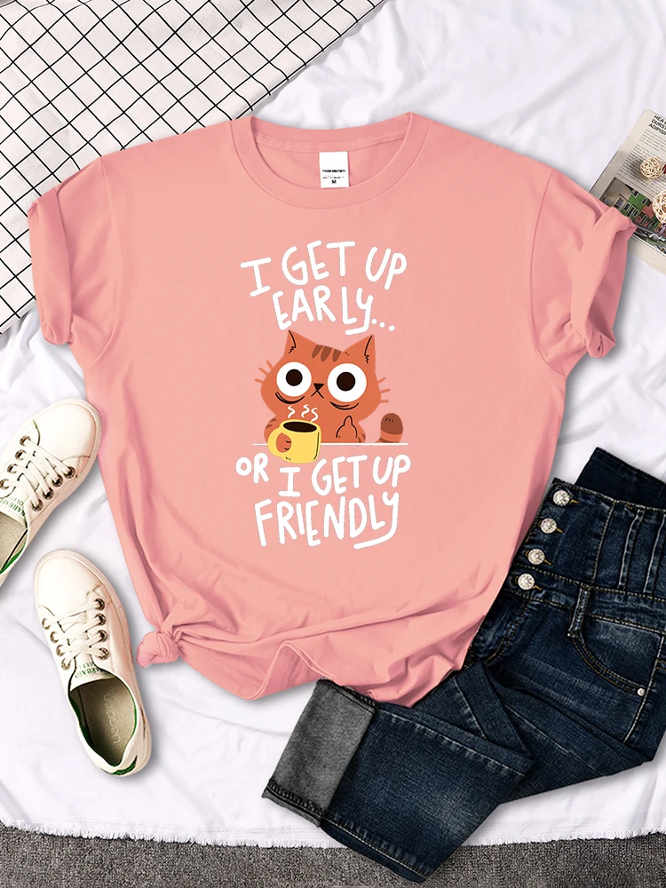 I Get Up Are Lazy Cute Cat Women T-shirts Leisure Tops Breathable T Shirts Retro Breathable Streetwear Summer Female Tee Shirts