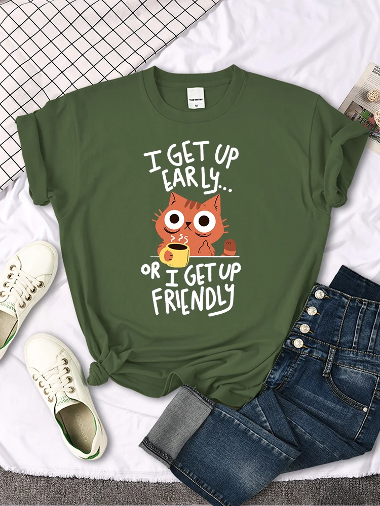 I Get Up Are Lazy Cute Cat Women T-shirts Leisure Tops Breathable T Shirts Retro Breathable Streetwear Summer Female Tee Shirts