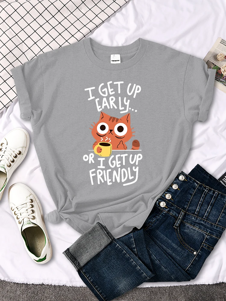 I Get Up Are Lazy Cute Cat Women T-shirts Leisure Tops Breathable T Shirts Retro Breathable Streetwear Summer Female Tee Shirts
