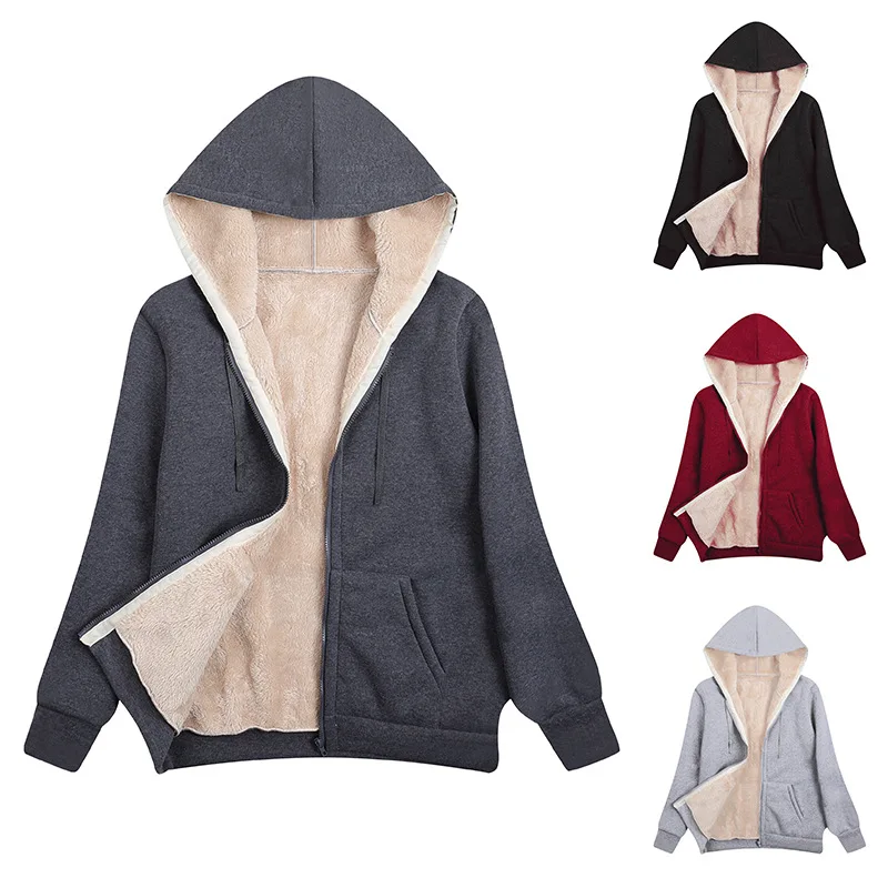 Winter Women Hooded Plush Coat Fleece Hoodies S-2XL Zipper Sweatshirt Long Sleeve Sweater Jacket