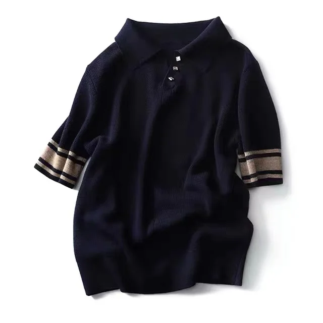 knit short sleeve women summer POLO lapel cotton thread half sleeve loose ice T-shirt cotton and linen bottom jacket thin