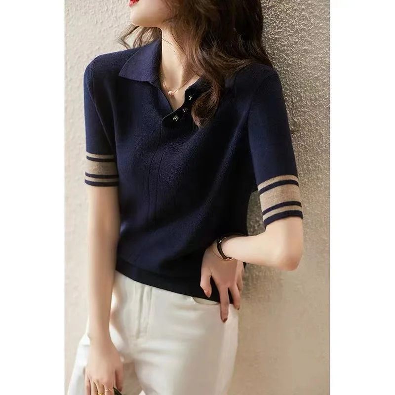 knit short sleeve women summer POLO lapel cotton thread half sleeve loose ice T-shirt cotton and linen bottom jacket thin