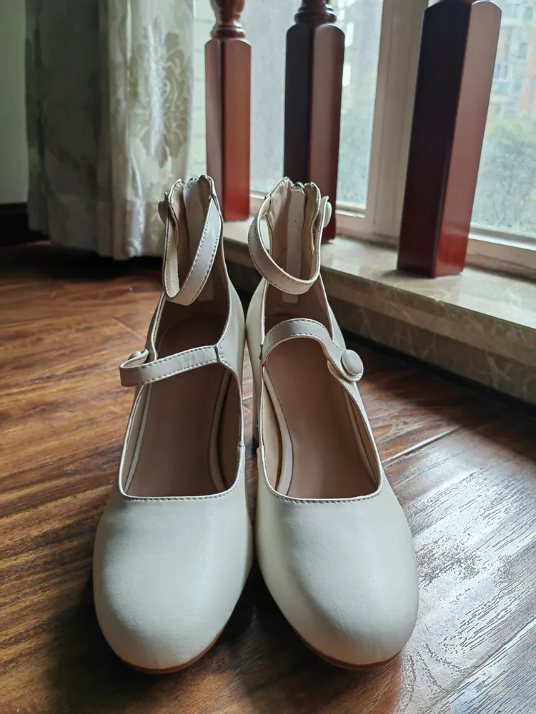 MKKHOU Fashion Pumps New High Quality Leather Retro Mary Jane Shoes Round Toe Chunky Heel High Heels Commuter Women Shoes