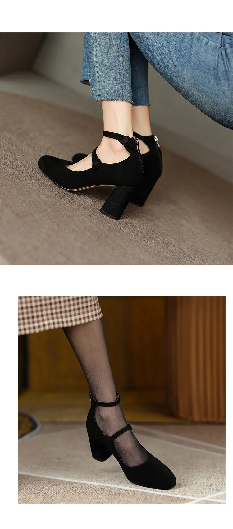 MKKHOU Fashion Pumps New High Quality Leather Retro Mary Jane Shoes Round Toe Chunky Heel High Heels Commuter Women Shoes