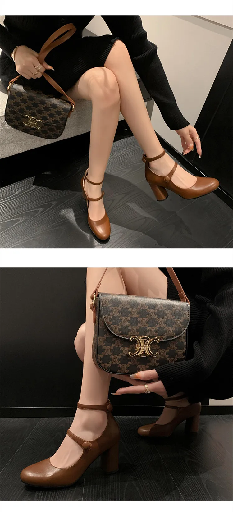MKKHOU Fashion Pumps New High Quality Leather Retro Mary Jane Shoes Round Toe Chunky Heel High Heels Commuter Women Shoes