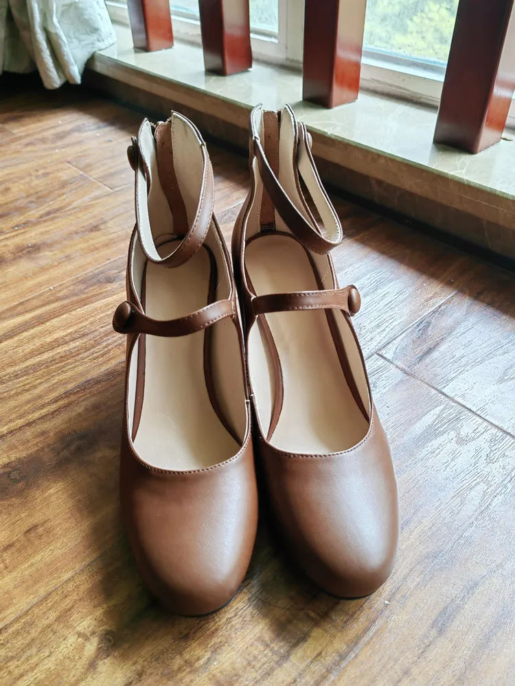 MKKHOU Fashion Pumps New High Quality Leather Retro Mary Jane Shoes Round Toe Chunky Heel High Heels Commuter Women Shoes