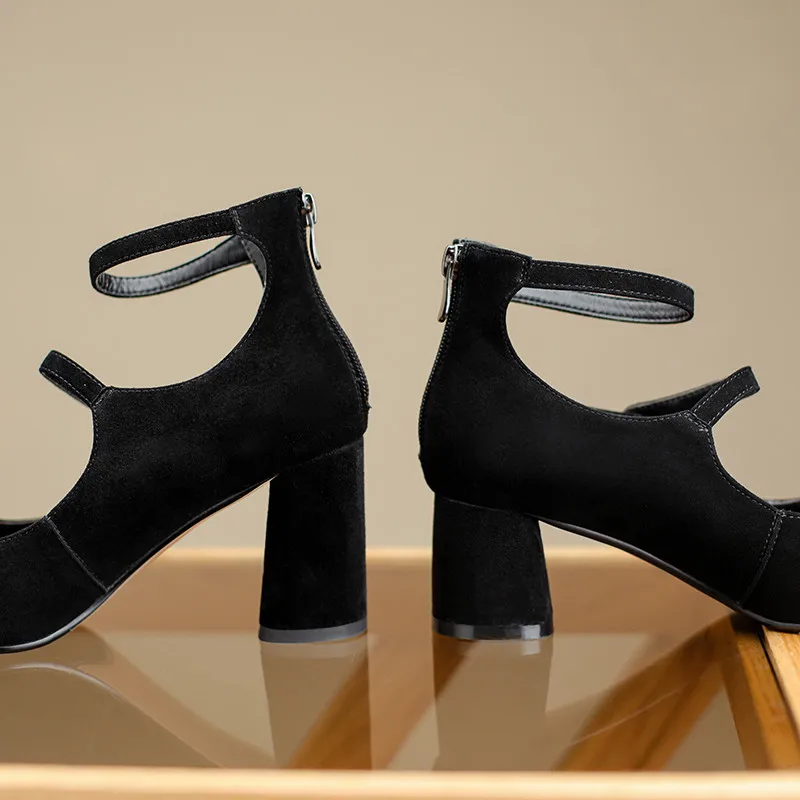 MKKHOU Fashion Pumps New High Quality Leather Retro Mary Jane Shoes Round Toe Chunky Heel High Heels Commuter Women Shoes