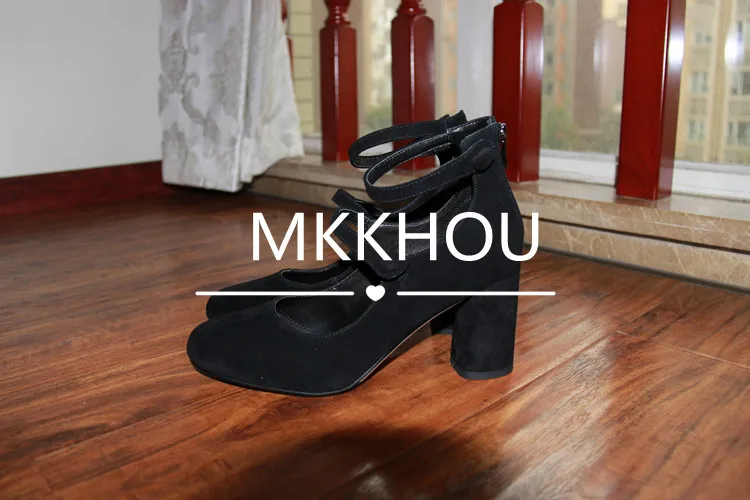 MKKHOU Fashion Pumps New High Quality Leather Retro Mary Jane Shoes Round Toe Chunky Heel High Heels Commuter Women Shoes