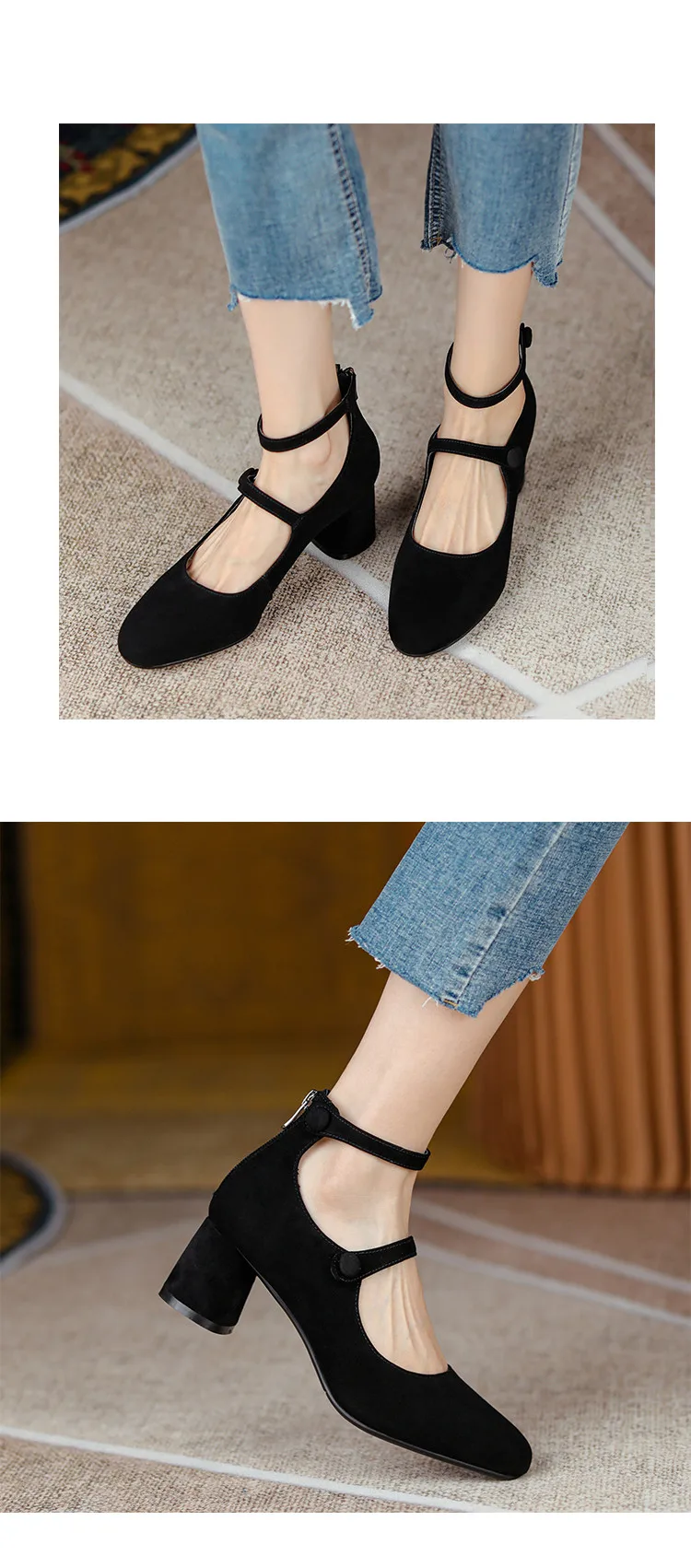 MKKHOU Fashion Pumps New High Quality Leather Retro Mary Jane Shoes Round Toe Chunky Heel High Heels Commuter Women Shoes