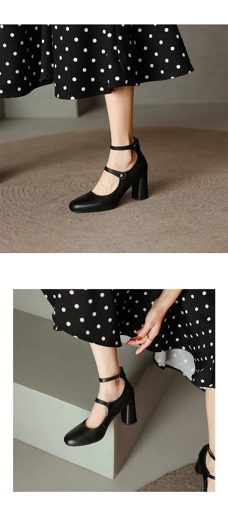 MKKHOU Fashion Pumps New High Quality Leather Retro Mary Jane Shoes Round Toe Chunky Heel High Heels Commuter Women Shoes
