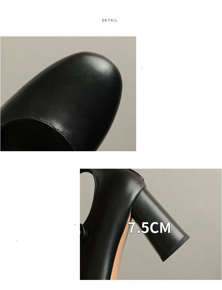 MKKHOU Fashion Pumps New High Quality Leather Retro Mary Jane Shoes Round Toe Chunky Heel High Heels Commuter Women Shoes