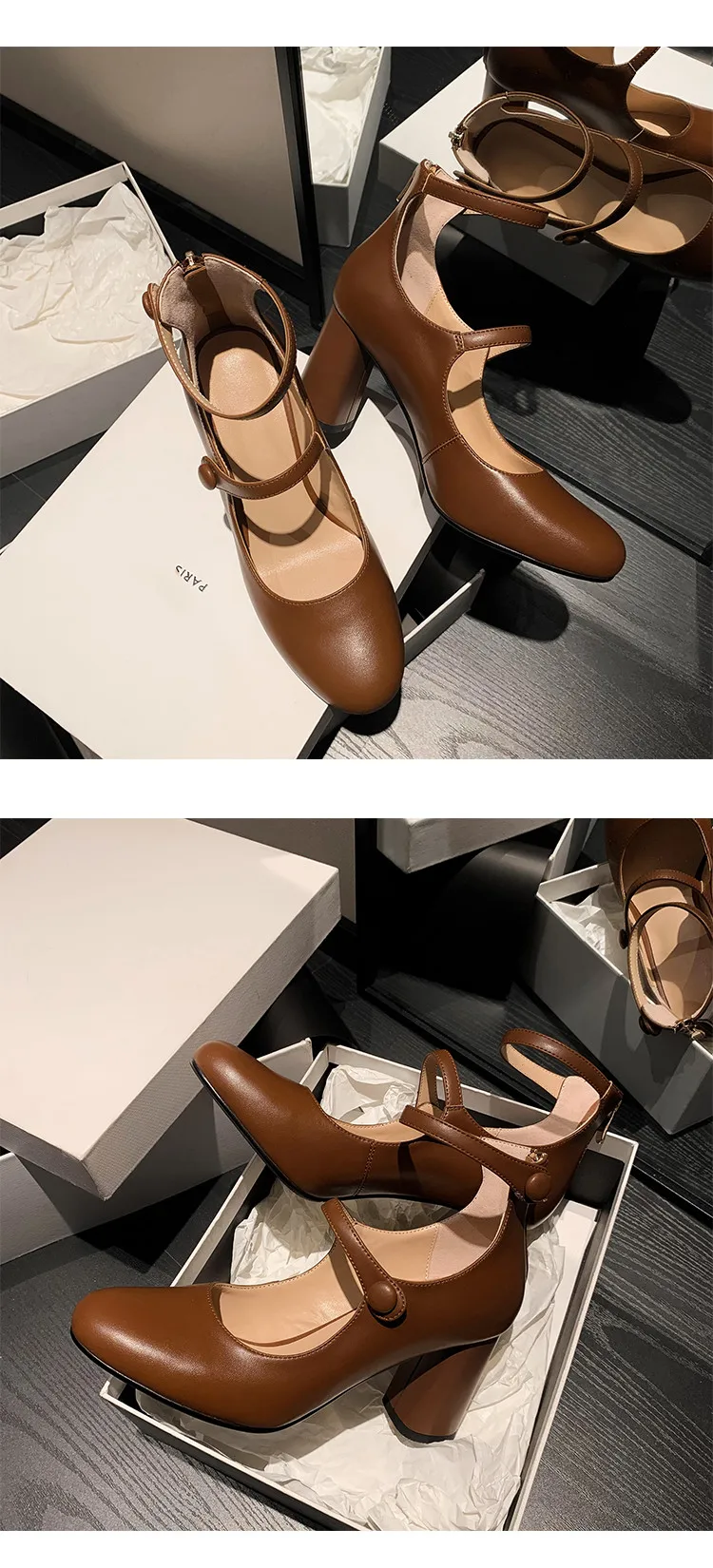 MKKHOU Fashion Pumps New High Quality Leather Retro Mary Jane Shoes Round Toe Chunky Heel High Heels Commuter Women Shoes