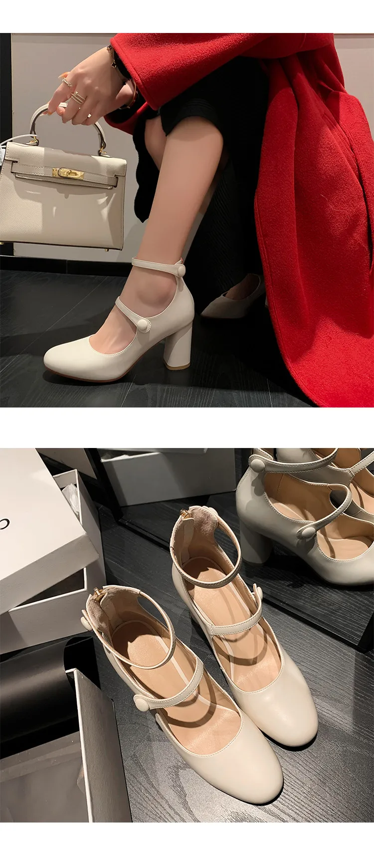 MKKHOU Fashion Pumps New High Quality Leather Retro Mary Jane Shoes Round Toe Chunky Heel High Heels Commuter Women Shoes