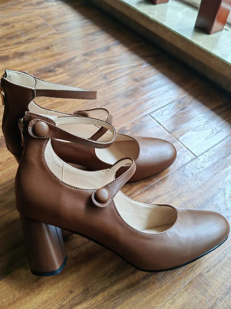 MKKHOU Fashion Pumps New High Quality Leather Retro Mary Jane Shoes Round Toe Chunky Heel High Heels Commuter Women Shoes