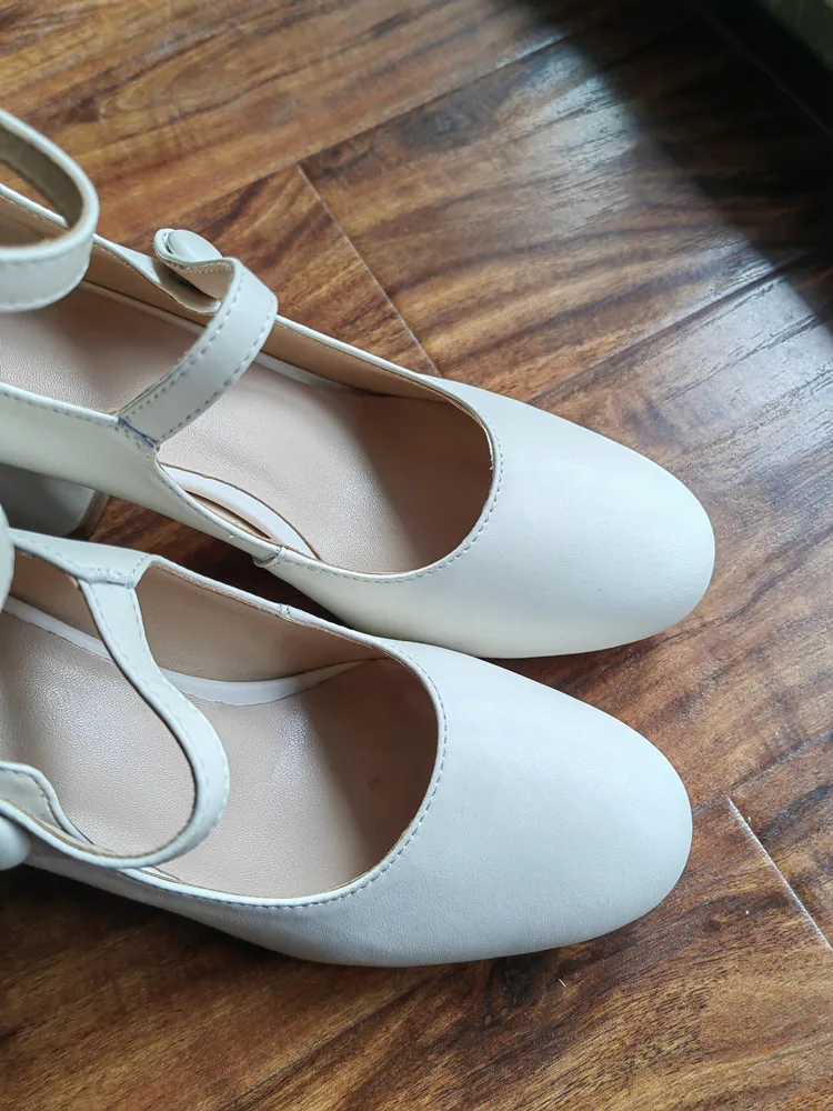 MKKHOU Fashion Pumps New High Quality Leather Retro Mary Jane Shoes Round Toe Chunky Heel High Heels Commuter Women Shoes