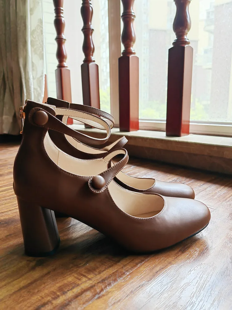 MKKHOU Fashion Pumps New High Quality Leather Retro Mary Jane Shoes Round Toe Chunky Heel High Heels Commuter Women Shoes