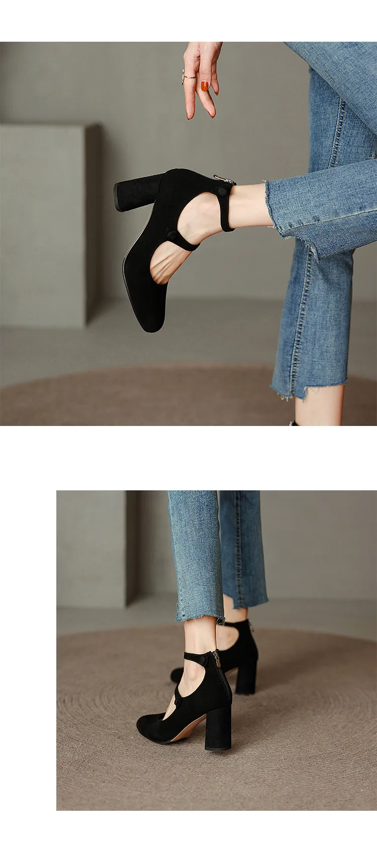 MKKHOU Fashion Pumps New High Quality Leather Retro Mary Jane Shoes Round Toe Chunky Heel High Heels Commuter Women Shoes