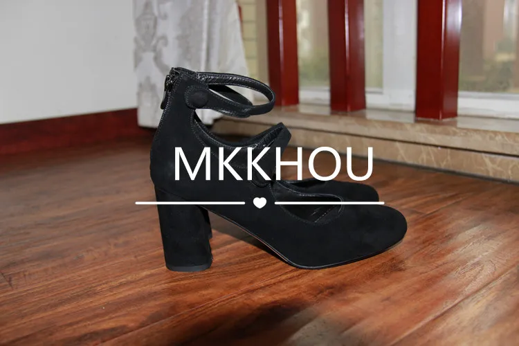 MKKHOU Fashion Pumps New High Quality Leather Retro Mary Jane Shoes Round Toe Chunky Heel High Heels Commuter Women Shoes