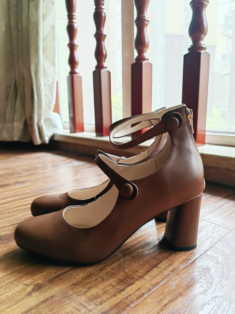 MKKHOU Fashion Pumps New High Quality Leather Retro Mary Jane Shoes Round Toe Chunky Heel High Heels Commuter Women Shoes