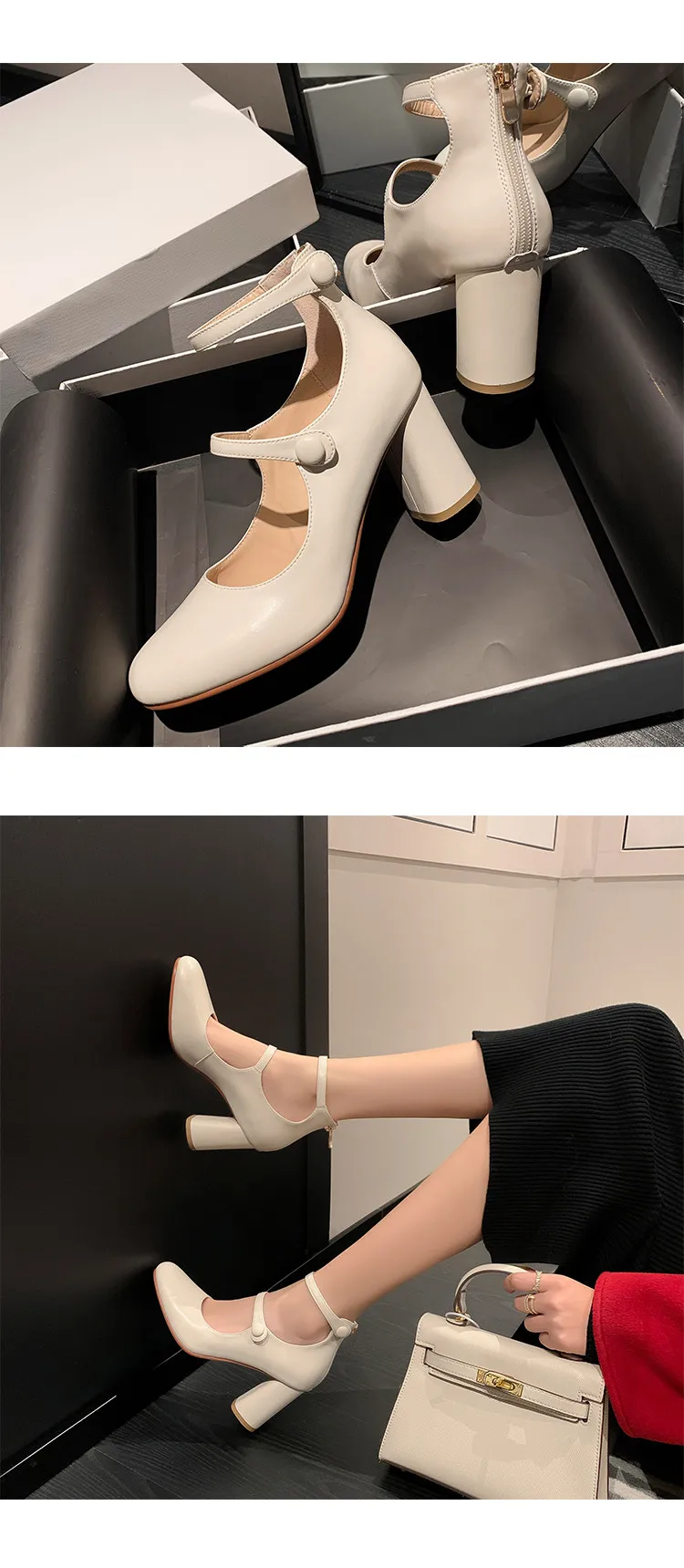 MKKHOU Fashion Pumps New High Quality Leather Retro Mary Jane Shoes Round Toe Chunky Heel High Heels Commuter Women Shoes