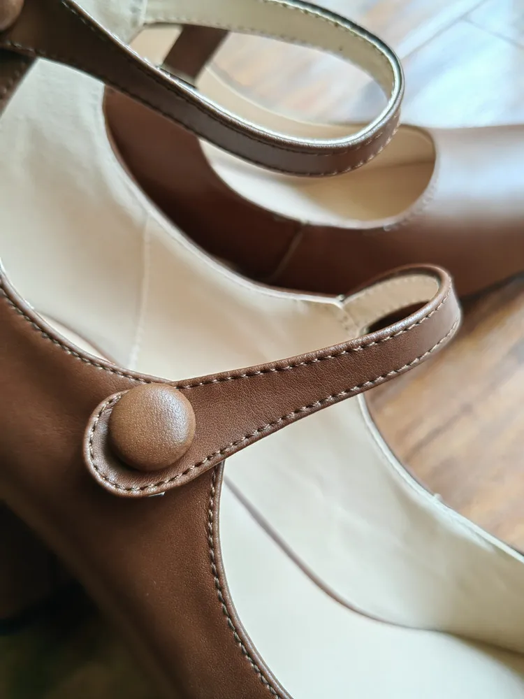 MKKHOU Fashion Pumps New High Quality Leather Retro Mary Jane Shoes Round Toe Chunky Heel High Heels Commuter Women Shoes
