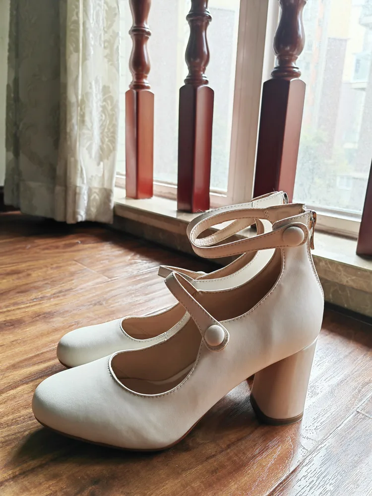 MKKHOU Fashion Pumps New High Quality Leather Retro Mary Jane Shoes Round Toe Chunky Heel High Heels Commuter Women Shoes