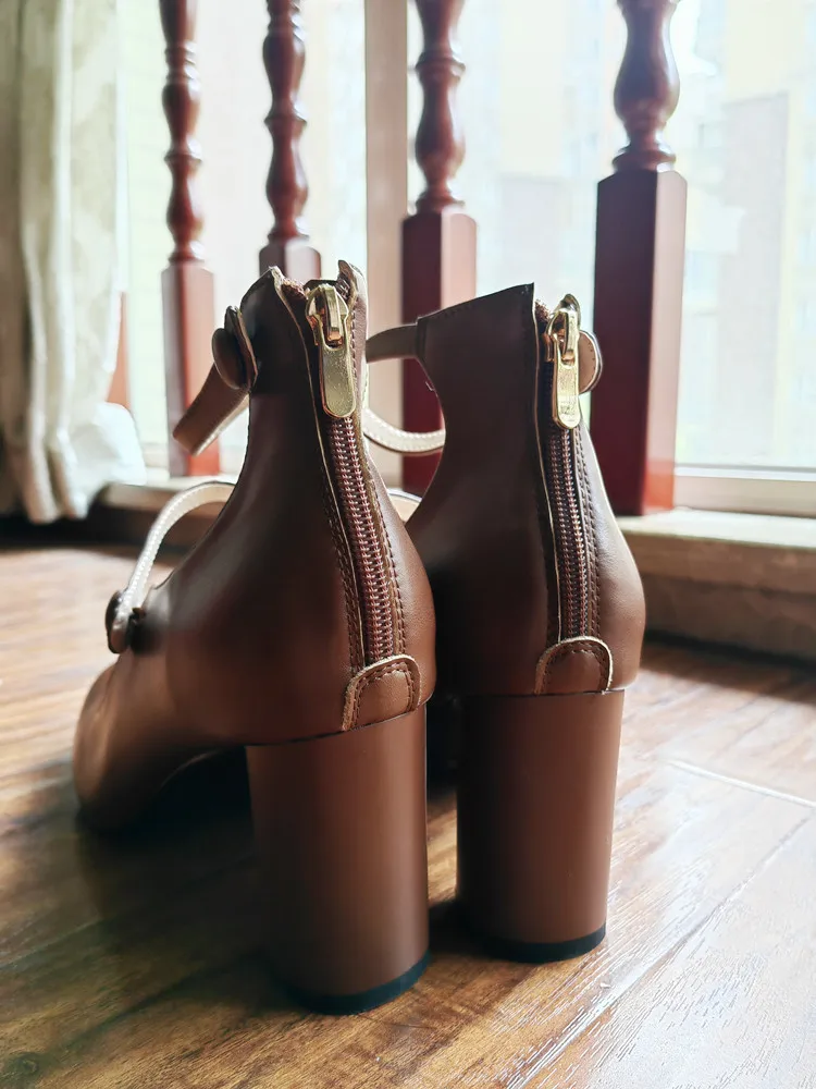 MKKHOU Fashion Pumps New High Quality Leather Retro Mary Jane Shoes Round Toe Chunky Heel High Heels Commuter Women Shoes