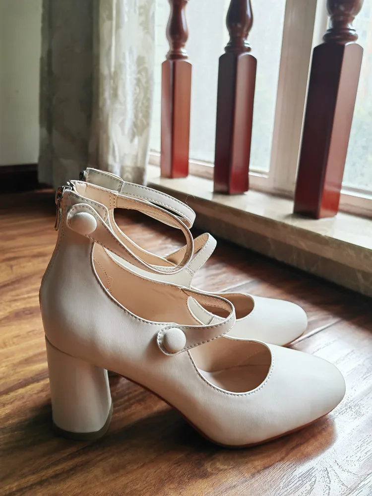 MKKHOU Fashion Pumps New High Quality Leather Retro Mary Jane Shoes Round Toe Chunky Heel High Heels Commuter Women Shoes