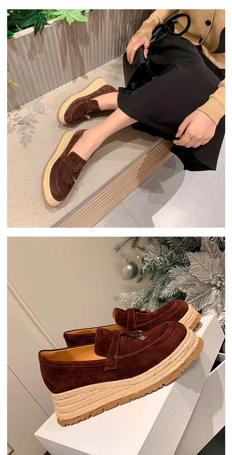 MKKHOU Fashion Loafers New High Quality Real Leather Suede Vintage Straw Braid Platform Shoes Daily Casual Light Shoes Neutral