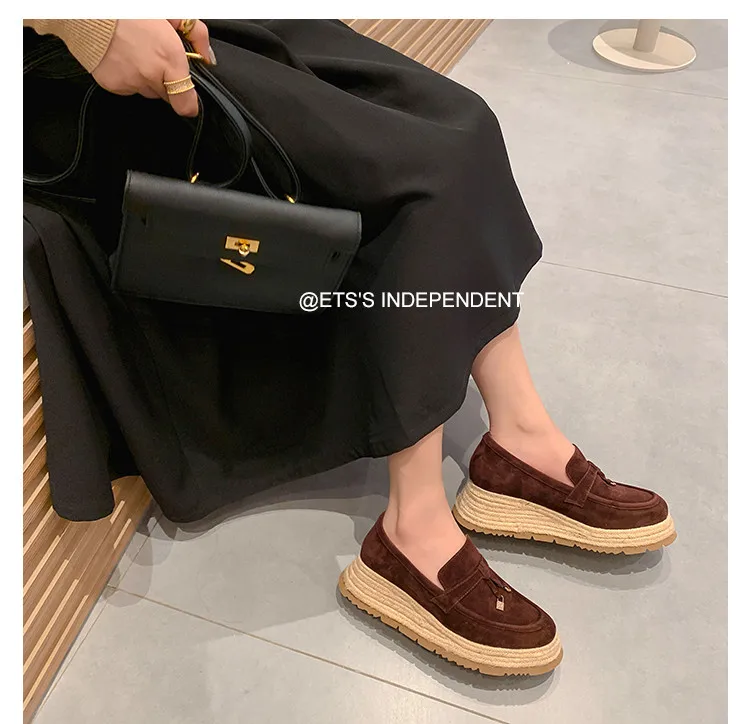 MKKHOU Fashion Loafers New High Quality Real Leather Suede Vintage Straw Braid Platform Shoes Daily Casual Light Shoes Neutral