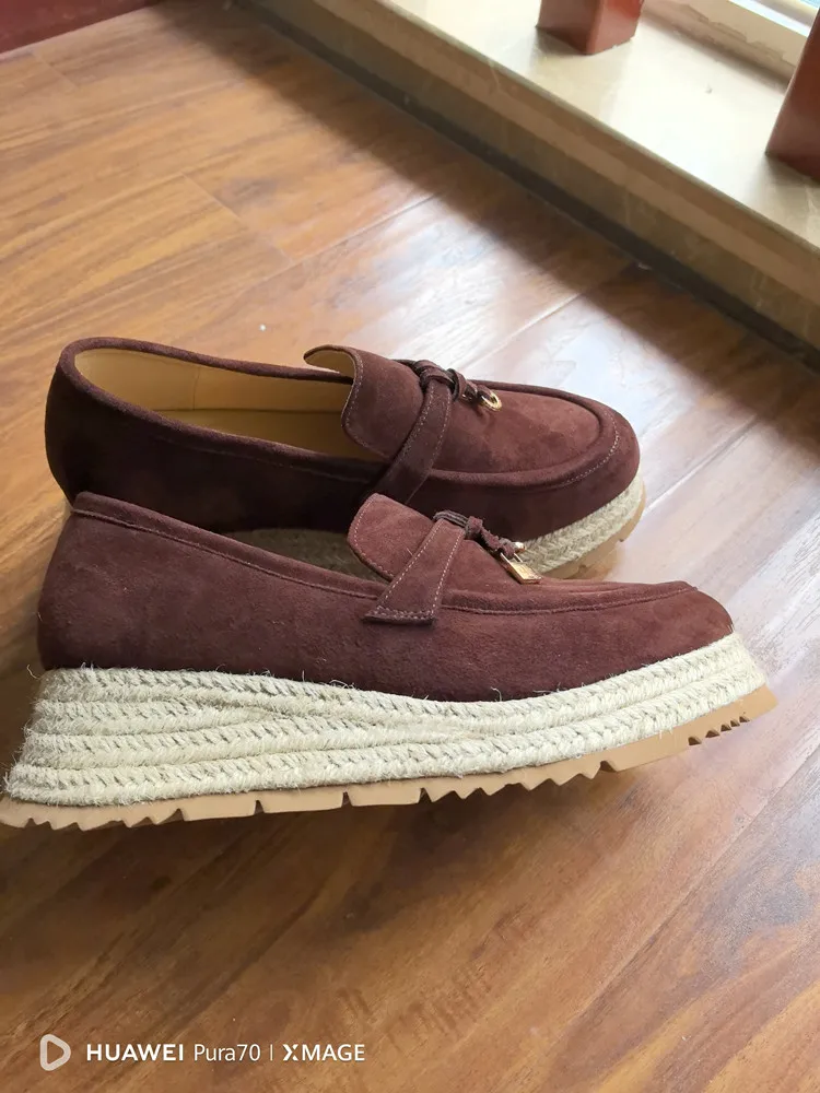 MKKHOU Fashion Loafers New High Quality Real Leather Suede Vintage Straw Braid Platform Shoes Daily Casual Light Shoes Neutral