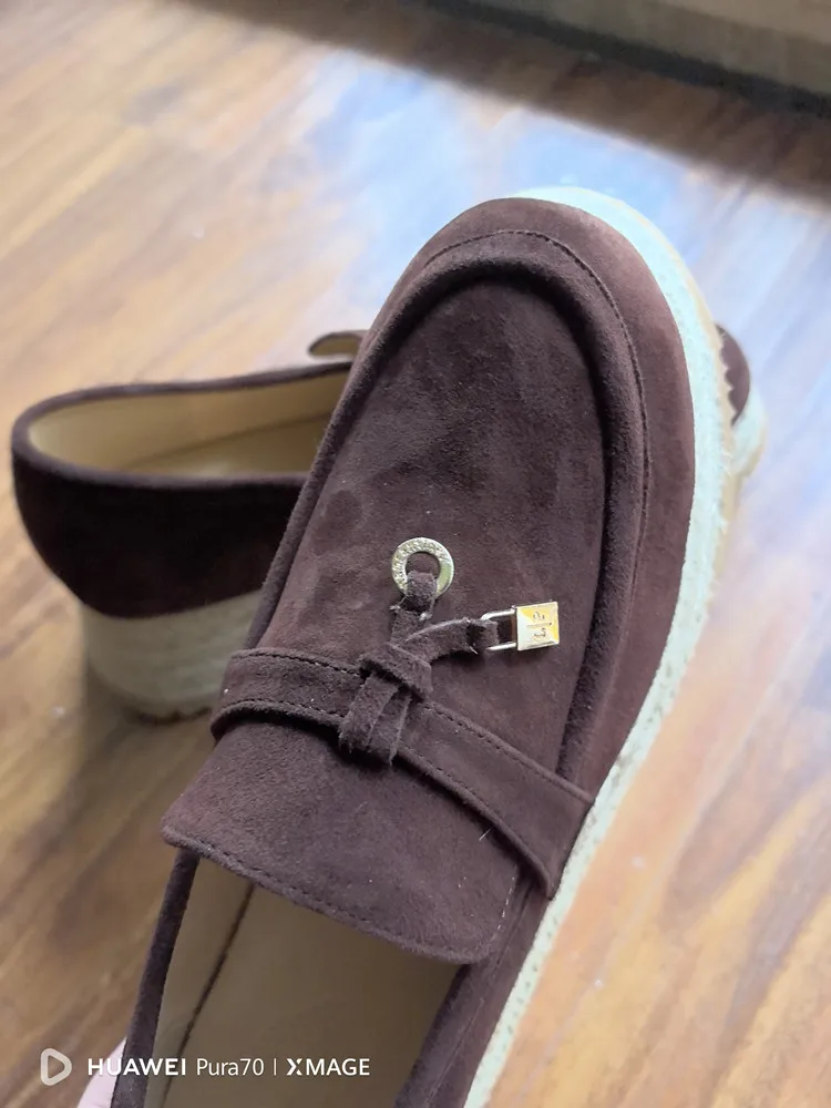 MKKHOU Fashion Loafers New High Quality Real Leather Suede Vintage Straw Braid Platform Shoes Daily Casual Light Shoes Neutral