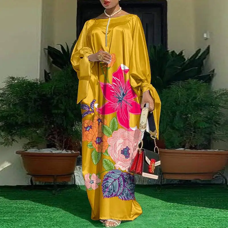 2023 Women VONDA Summer Party Dress Vintage Floral Printed Casual Loose Bohemian Beach Sundress Long Sleeve Satin Maxi Vestidos