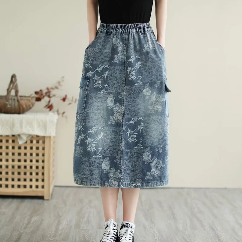 Amax luluE British 2024 Summer New Fashion Women Denim Printed Skirts Ladies Elastic Loose Skirt Female Casual Vintage Clothing