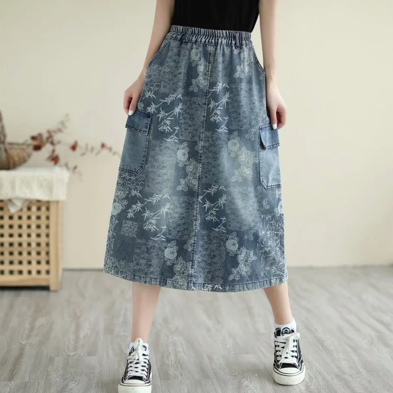 Amax luluE British 2024 Summer New Fashion Women Denim Printed Skirts Ladies Elastic Loose Skirt Female Casual Vintage Clothing
