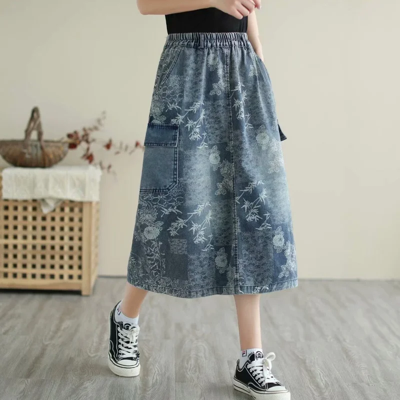Amax luluE British 2024 Summer New Fashion Women Denim Printed Skirts Ladies Elastic Loose Skirt Female Casual Vintage Clothing