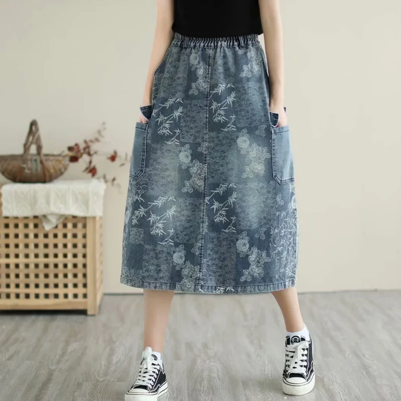 Amax luluE British 2024 Summer New Fashion Women Denim Printed Skirts Ladies Elastic Loose Skirt Female Casual Vintage Clothing