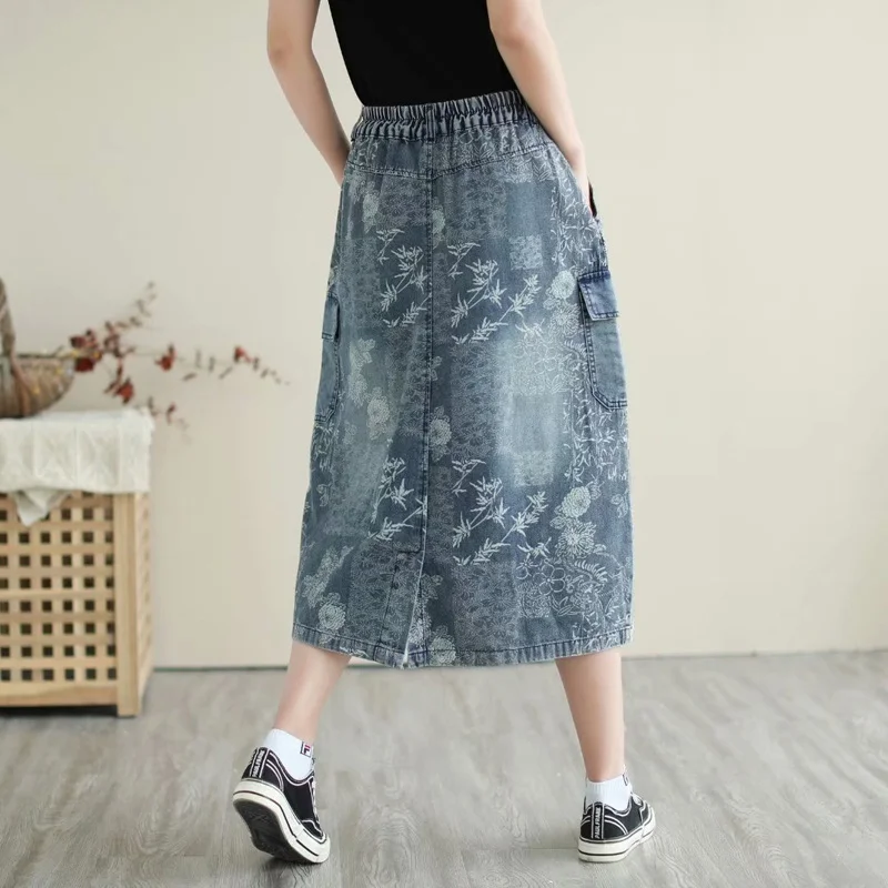 Amax luluE British 2024 Summer New Fashion Women Denim Printed Skirts Ladies Elastic Loose Skirt Female Casual Vintage Clothing
