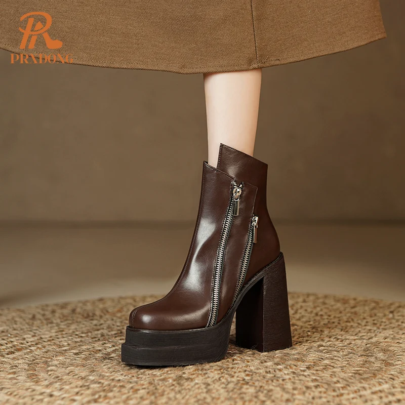 PRXDONG 2023 Classic Women Ankle Boots Dress Working Autumn Winter Casual Thick High Heels Genuine Leather Shoes Woman Size 39