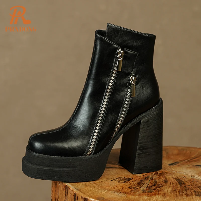 PRXDONG 2023 Classic Women Ankle Boots Dress Working Autumn Winter Casual Thick High Heels Genuine Leather Shoes Woman Size 39