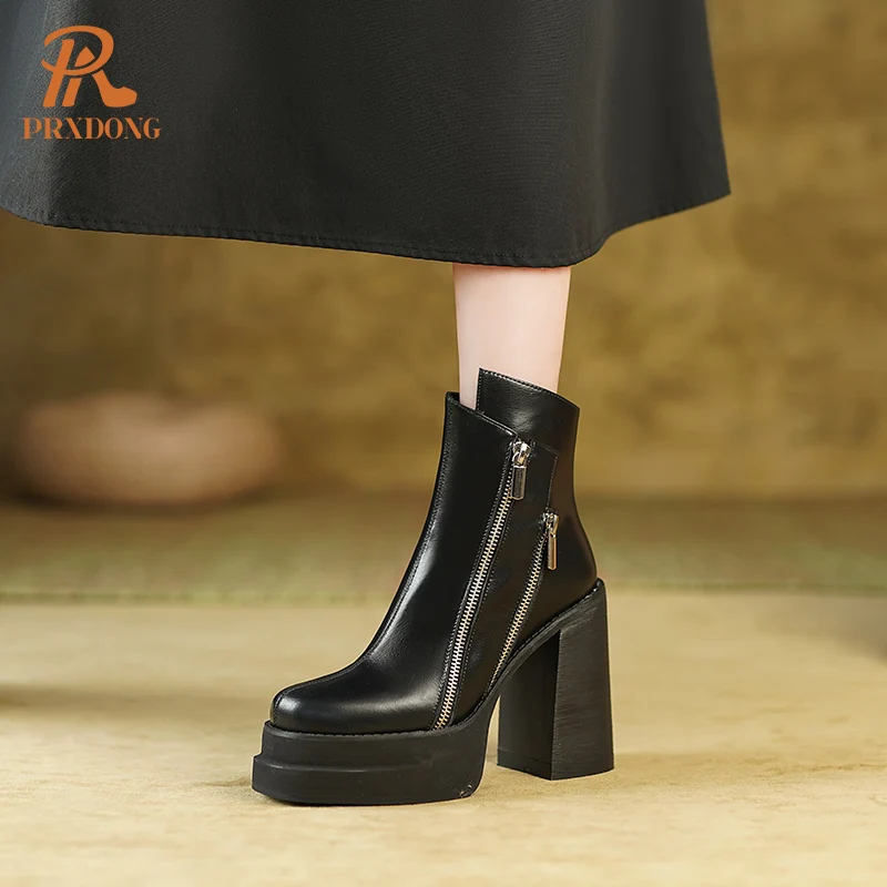 PRXDONG 2023 Classic Women Ankle Boots Dress Working Autumn Winter Casual Thick High Heels Genuine Leather Shoes Woman Size 39