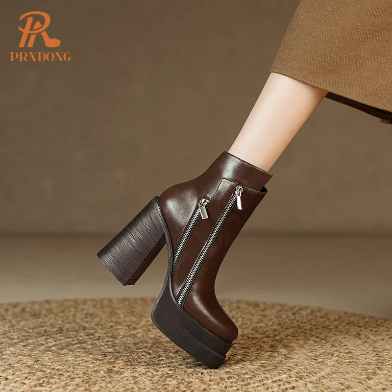 PRXDONG 2023 Classic Women Ankle Boots Dress Working Autumn Winter Casual Thick High Heels Genuine Leather Shoes Woman Size 39
