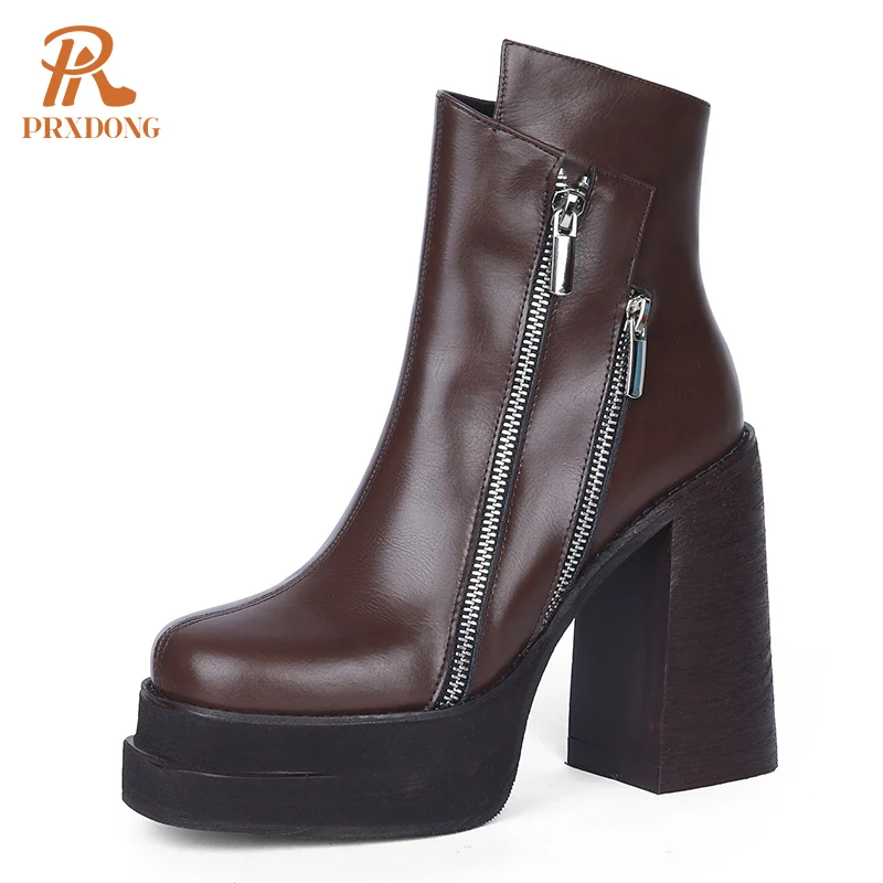 PRXDONG 2023 Classic Women Ankle Boots Dress Working Autumn Winter Casual Thick High Heels Genuine Leather Shoes Woman Size 39
