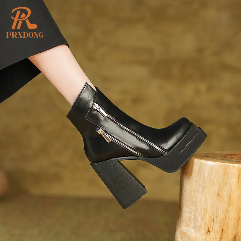 PRXDONG 2023 Classic Women Ankle Boots Dress Working Autumn Winter Casual Thick High Heels Genuine Leather Shoes Woman Size 39