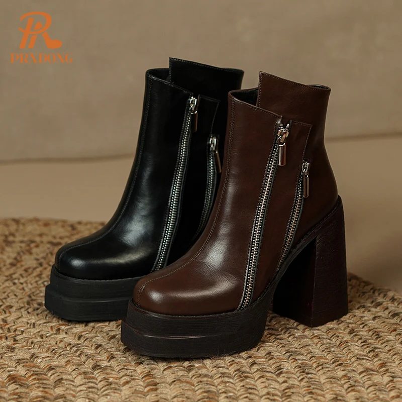 PRXDONG 2023 Classic Women Ankle Boots Dress Working Autumn Winter Casual Thick High Heels Genuine Leather Shoes Woman Size 39